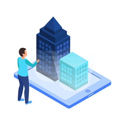 Virtual augmented information isometric composition with character of man visualizing holographic buildings with tablet application vector illustration