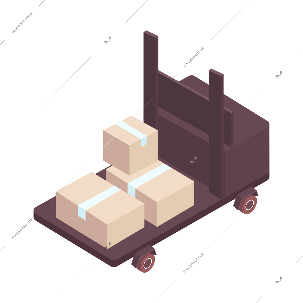 Supermarket isometric composition with isolated image of freight cart with cardboard boxes on blank background vector illustration