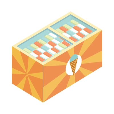 Supermarket isometric composition with isolated image of cabinet fridge with ice cream products vector illustration