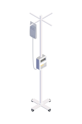 Medical equipment isometric composition with isolated image of wheeled stand with hanging dripper on blank background vector illustration