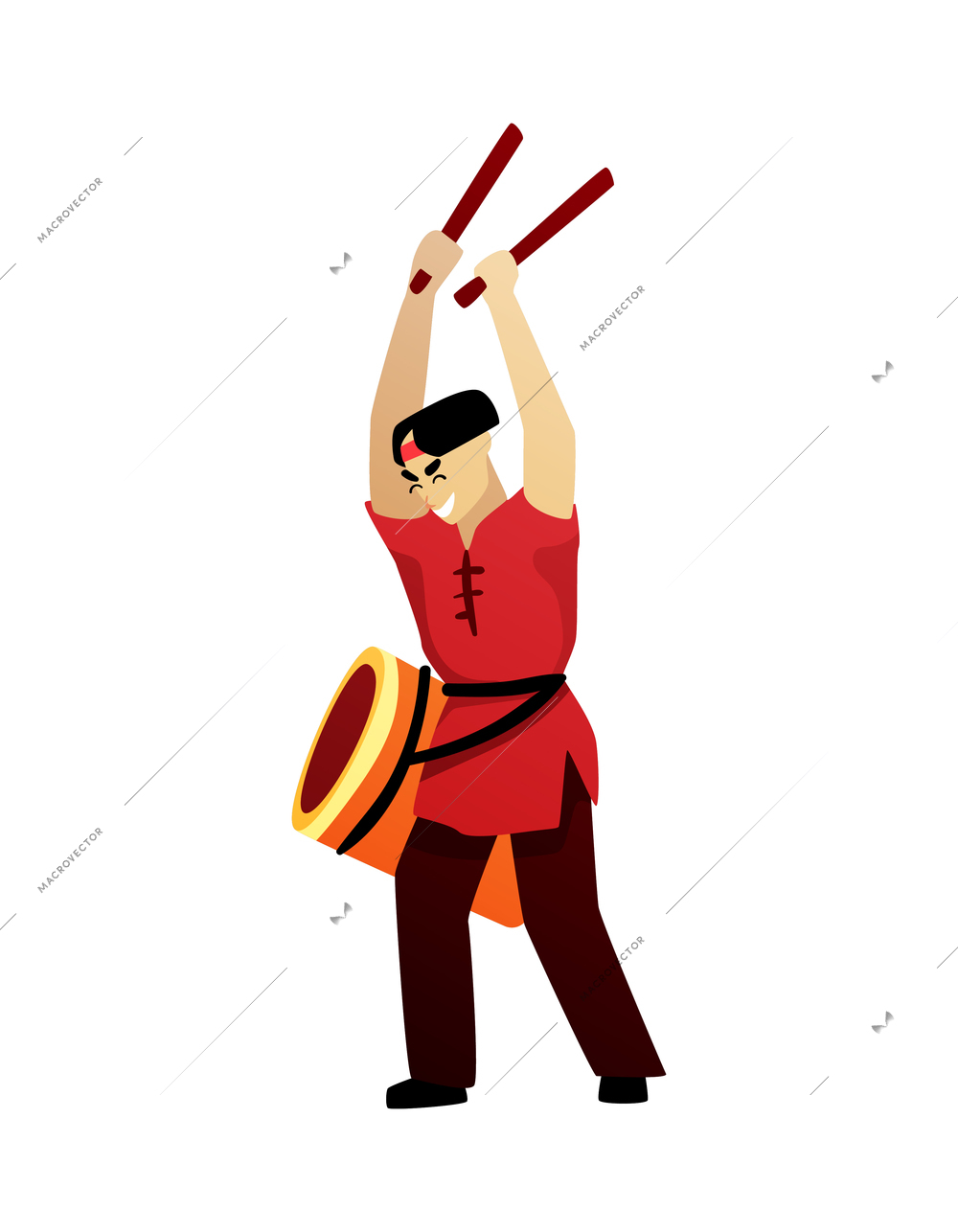 Chinese new year celebration composition with isolated human character of guy with drum and sticks vector illustration