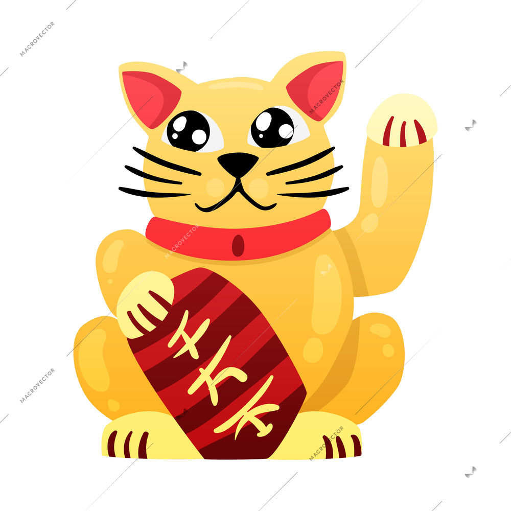 Chinese new year celebration composition with isolated image of glory cat raising hand with hierohlyphs vector illustration