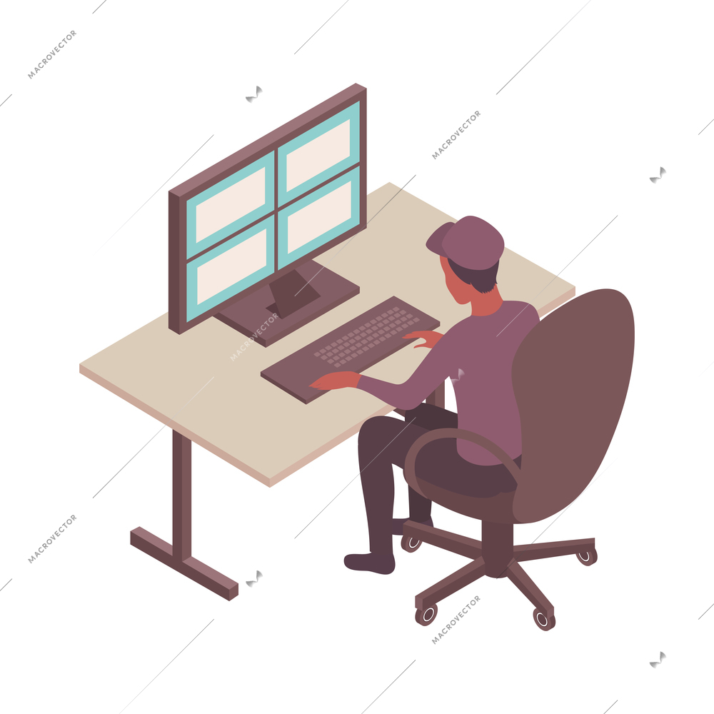 Supermarket isometric composition with view of security at working place with surveillance screens vector illustration