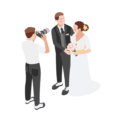 Wedding isometric composition with isolated character of photographer taking photo of bridegroom on blank background vector illustration