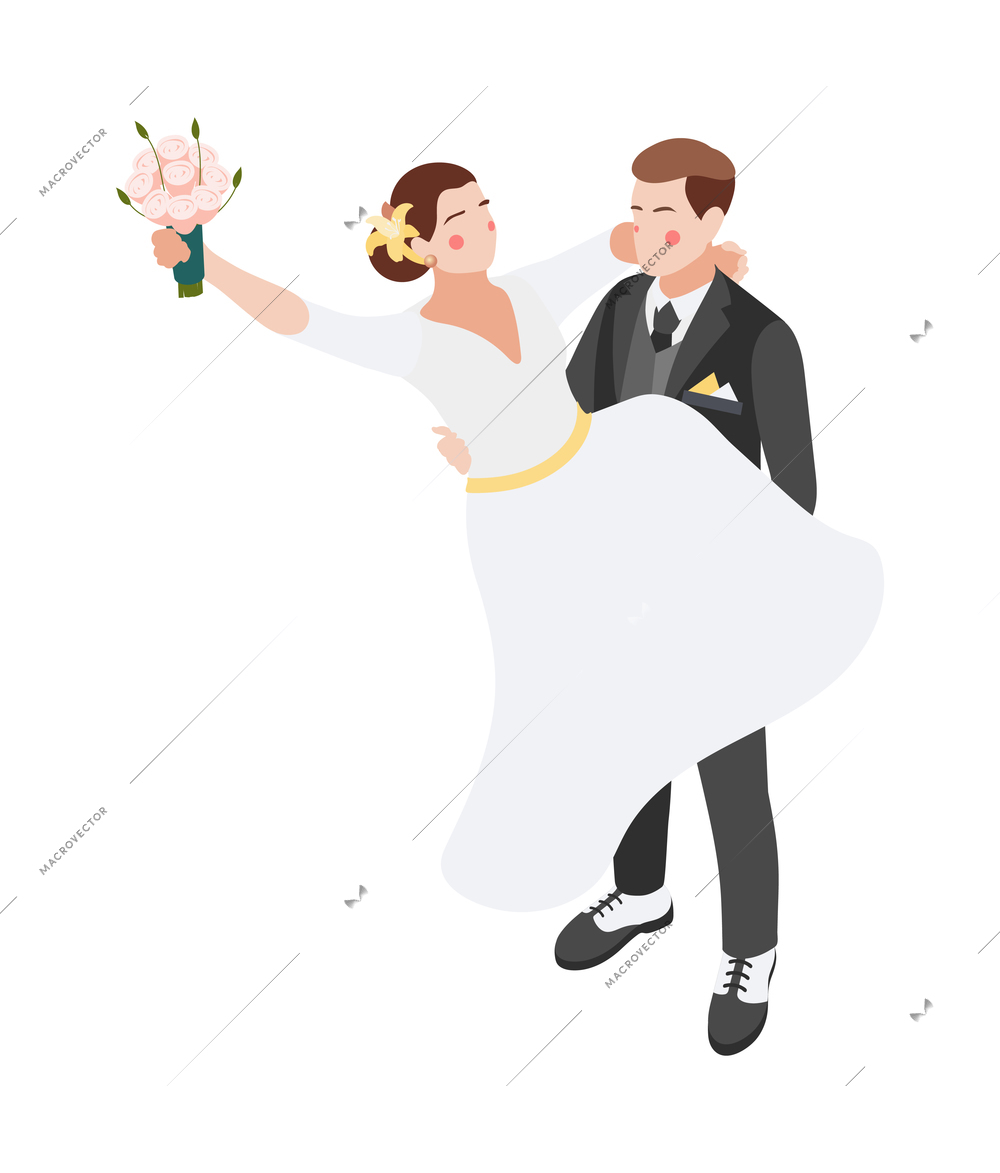 Wedding isometric composition with human characters of groom taking bride in arms on blank background vector illustration