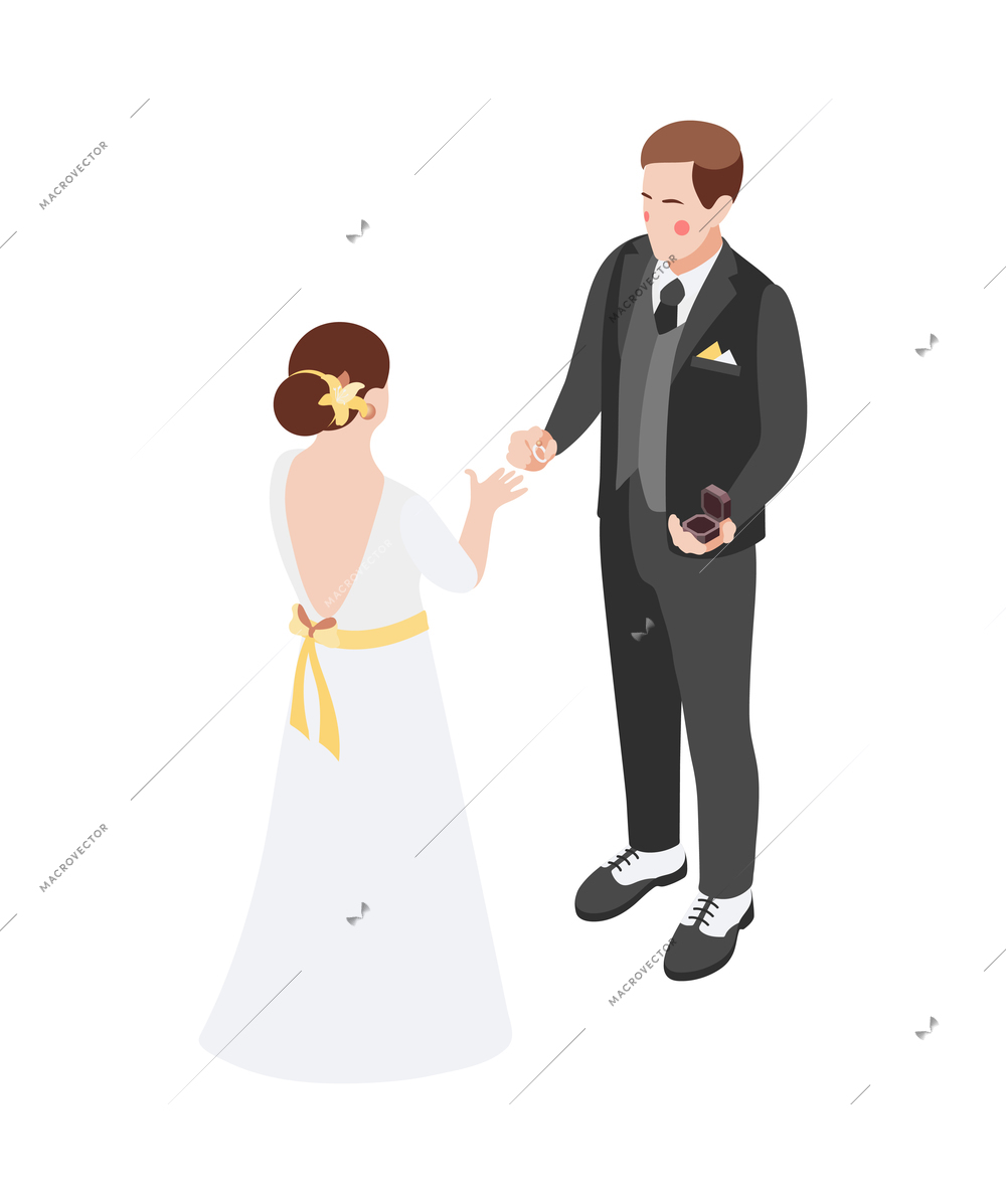 Wedding isometric composition with isolated human characters of bride and groom exchanging rings on blank background vector illustration