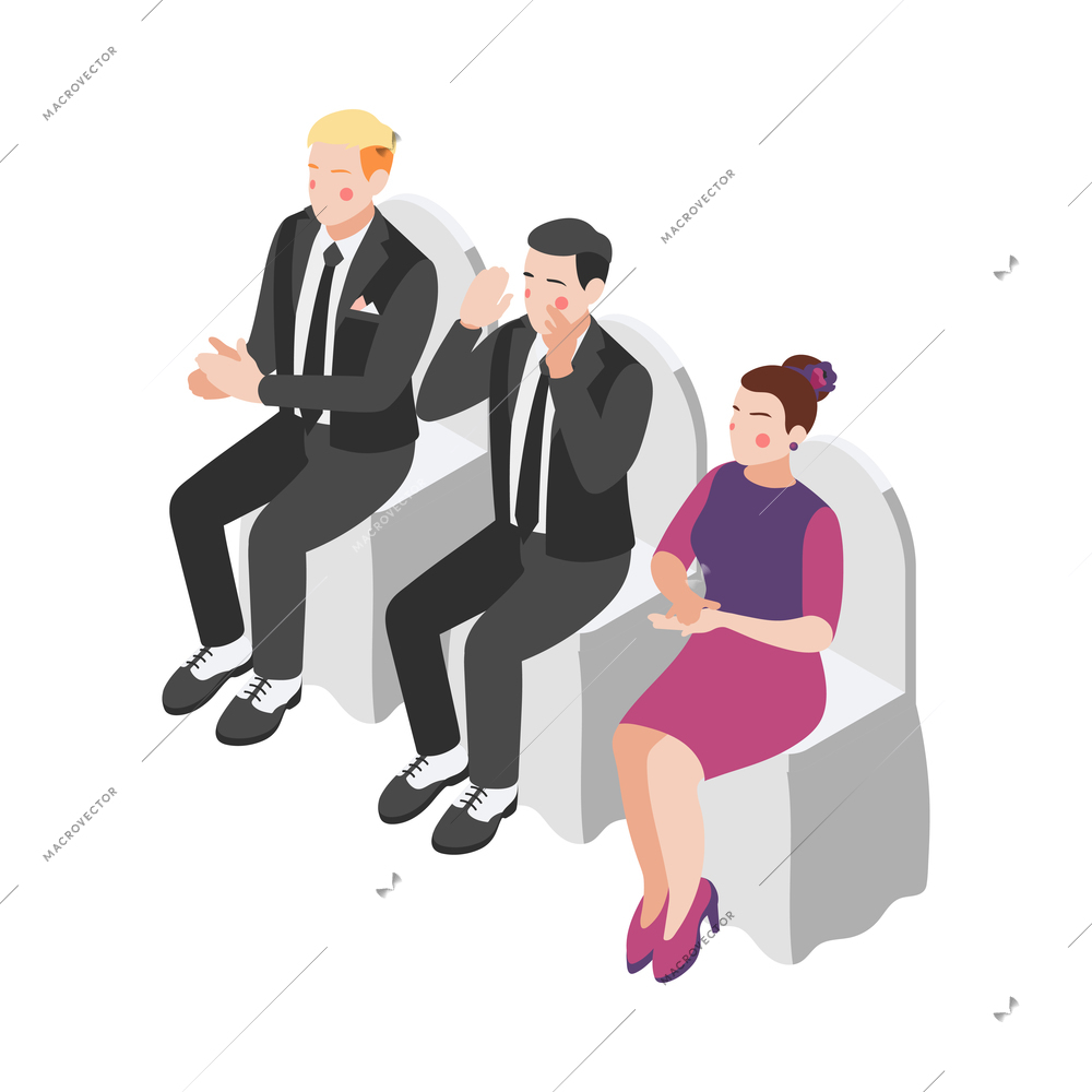 Wedding isometric composition with isolated human characters of wedding guests sitting on chairs on blank background vector illustration