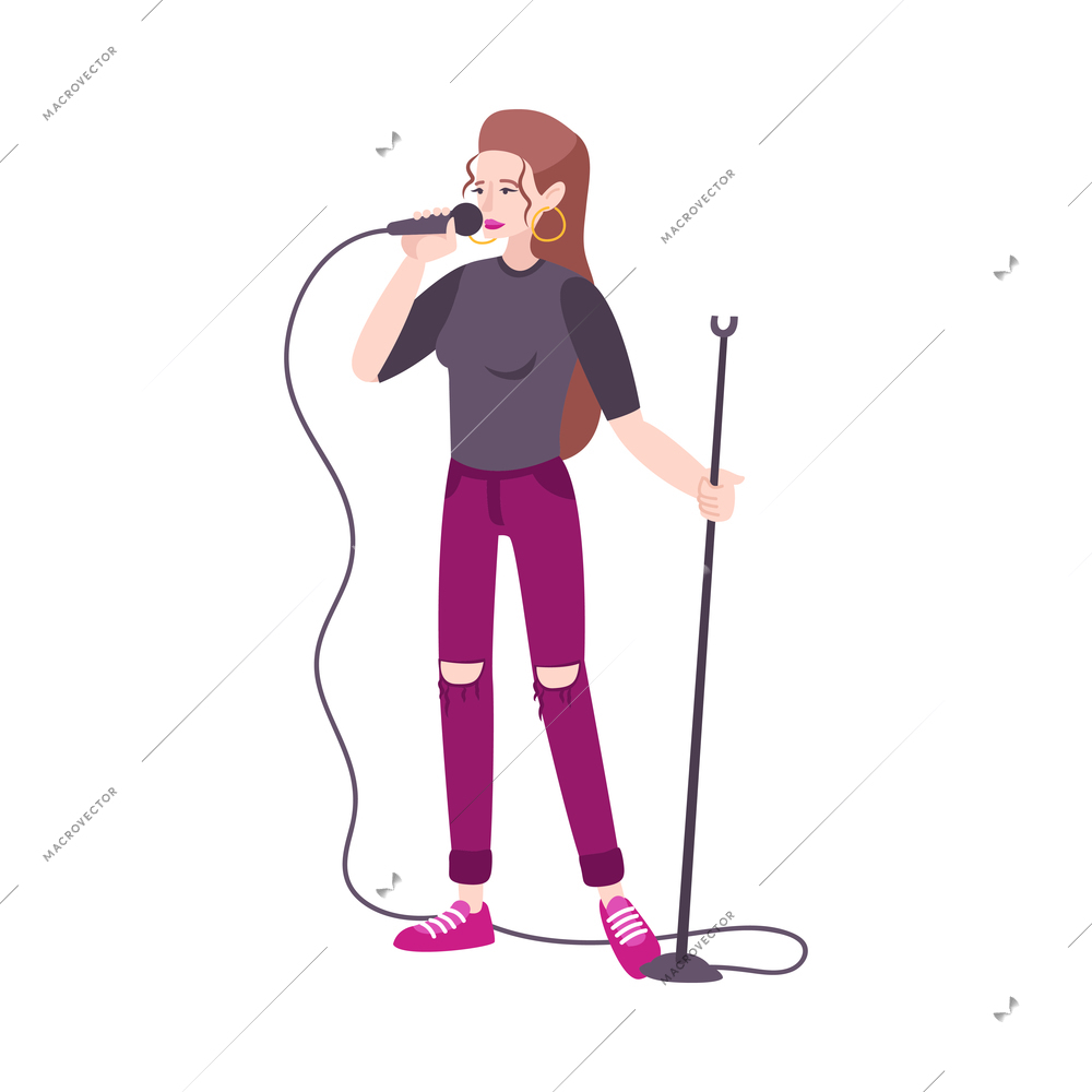 Singer character flat composition with isolated human character of performing woman with mic stand vector illustration