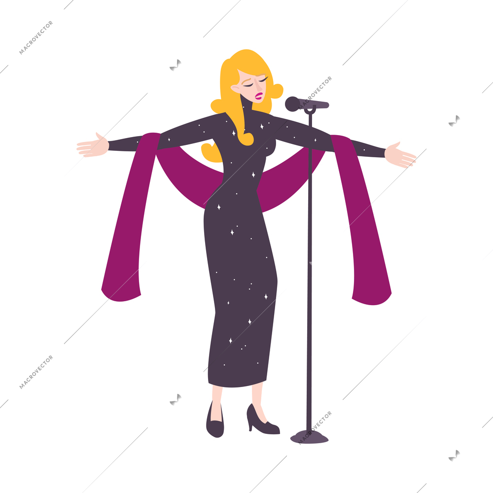 Singer character flat composition with isolated human character of performing woman in festive dress vector illustration