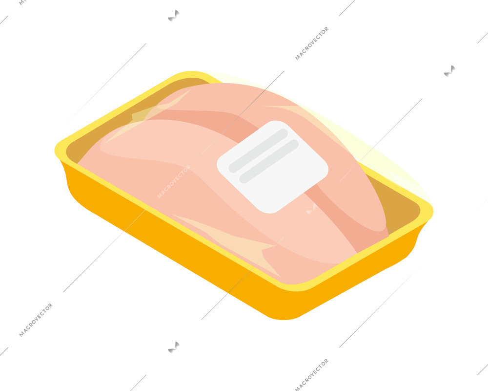 Chicken farm isometric composition with isolated image of semi finished product pack of fillet meat vector illustration