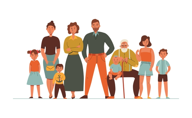 Generations family composition with flat cartoon style characters of family members with elderly people adults and kids vector illustration