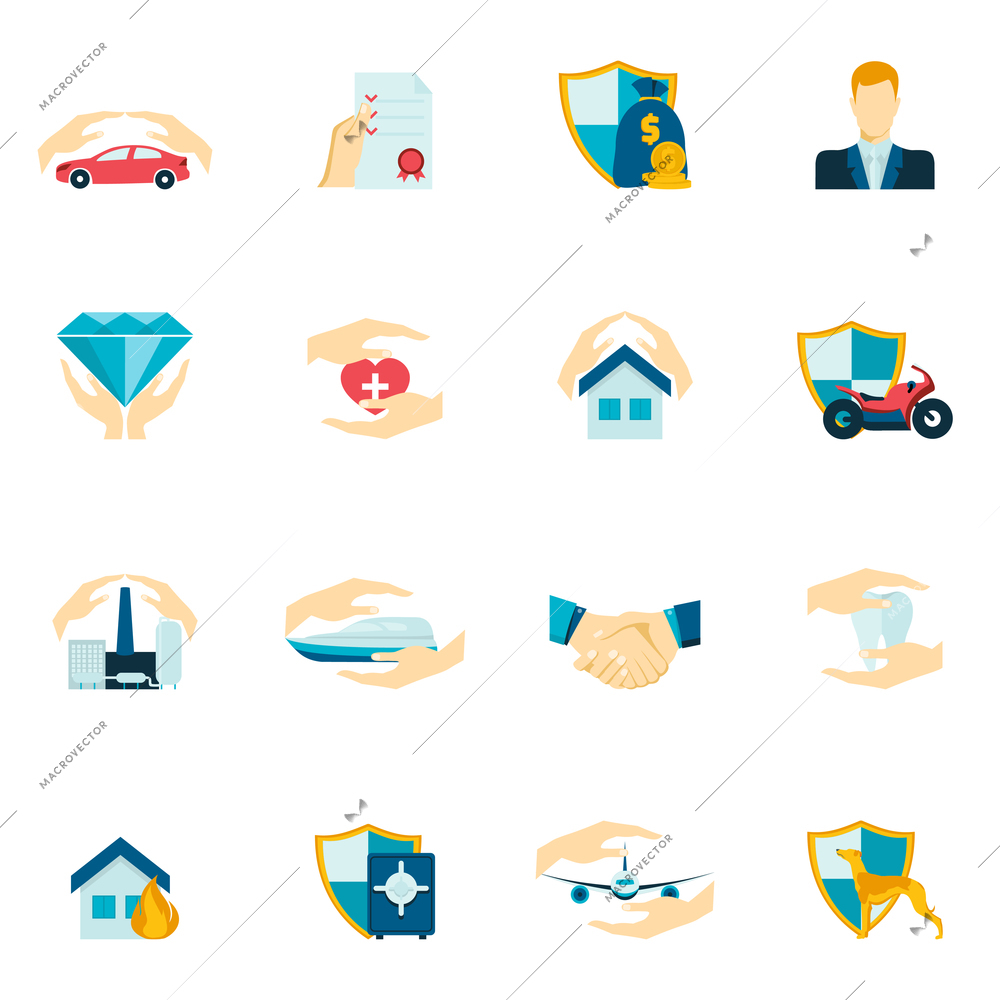 Insurance security icons flat set of medical property house protection isolated vector illustration
