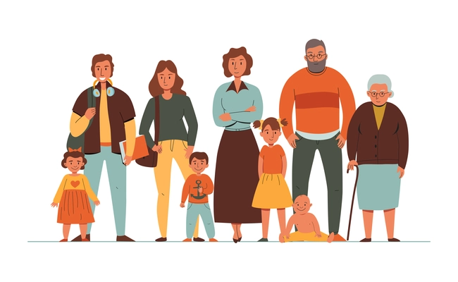 Generations family composition with flat cartoon style characters of family members with elderly people adults and kids vector illustration