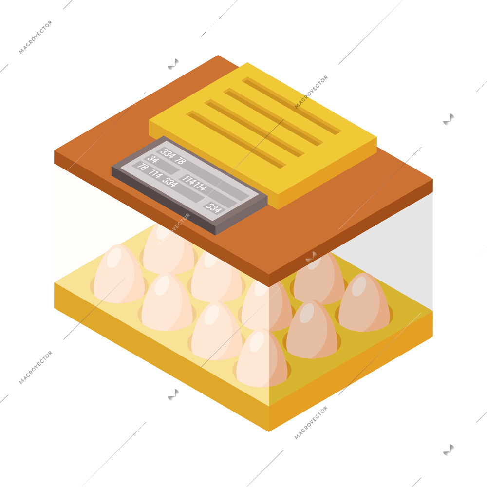 Chicken farm isometric composition with isolated image of incubator box with poultry eggs and climate control vector illustration