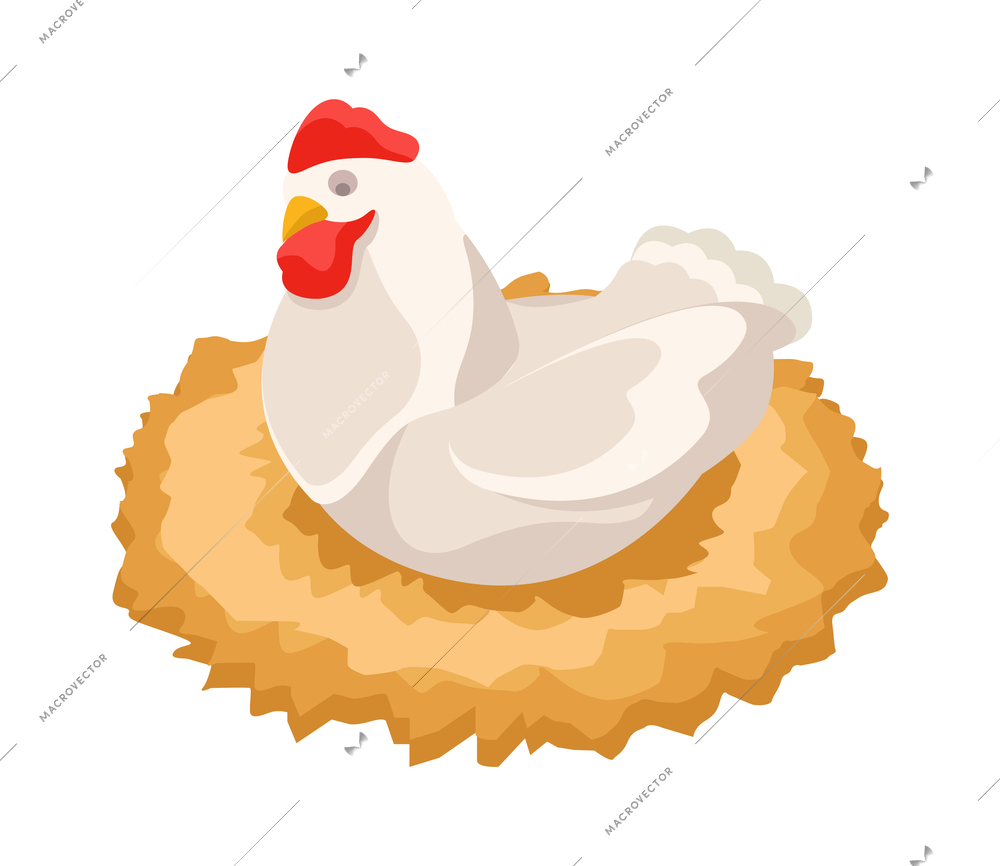 Chicken farm isometric composition with isolated image of brood hen sitting on nest with eggs vector illustration