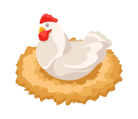 Chicken farm isometric composition with isolated image of brood hen sitting on nest with eggs vector illustration