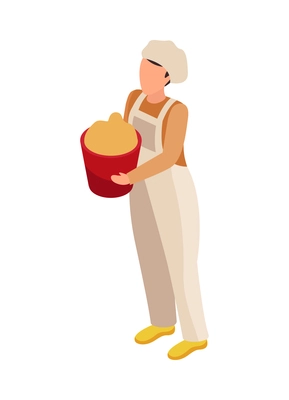 Chicken farm isometric composition with isolated human character of factory worker holding bucket of food vector illustration