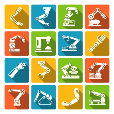 Robotic arm production engineer technology industry assembly mechanic flat icons set isolated vector illustration