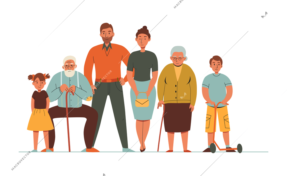 Generations family composition with flat cartoon style characters of family members with elderly people adults and kids vector illustration