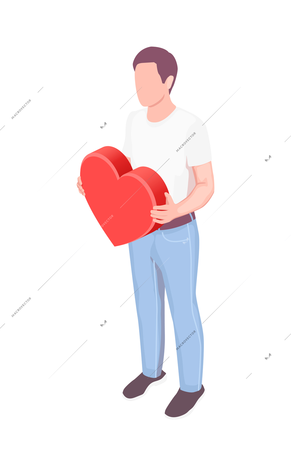 Social network isometric icons composition with isolated character of male user holding red heart vector illustration