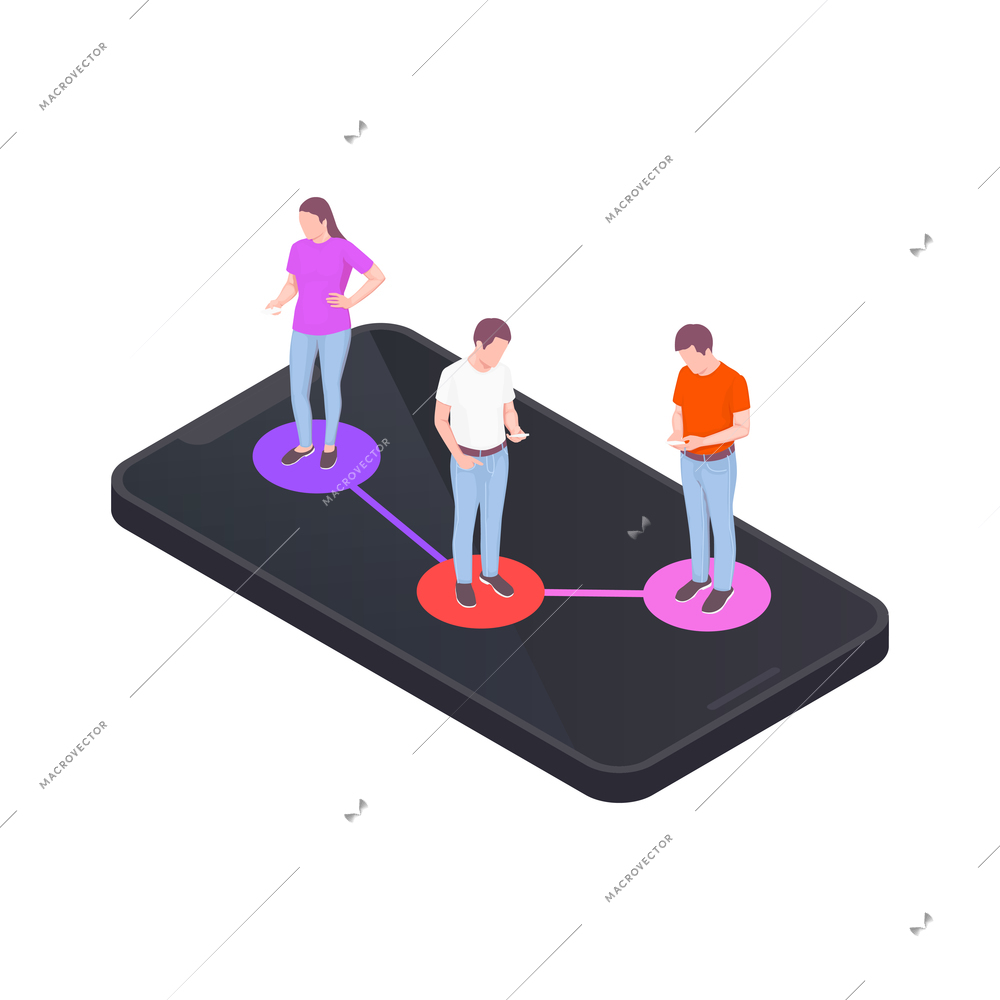 Social network isometric icons composition with human characters of standing people on top of smartphone screen vector illustration