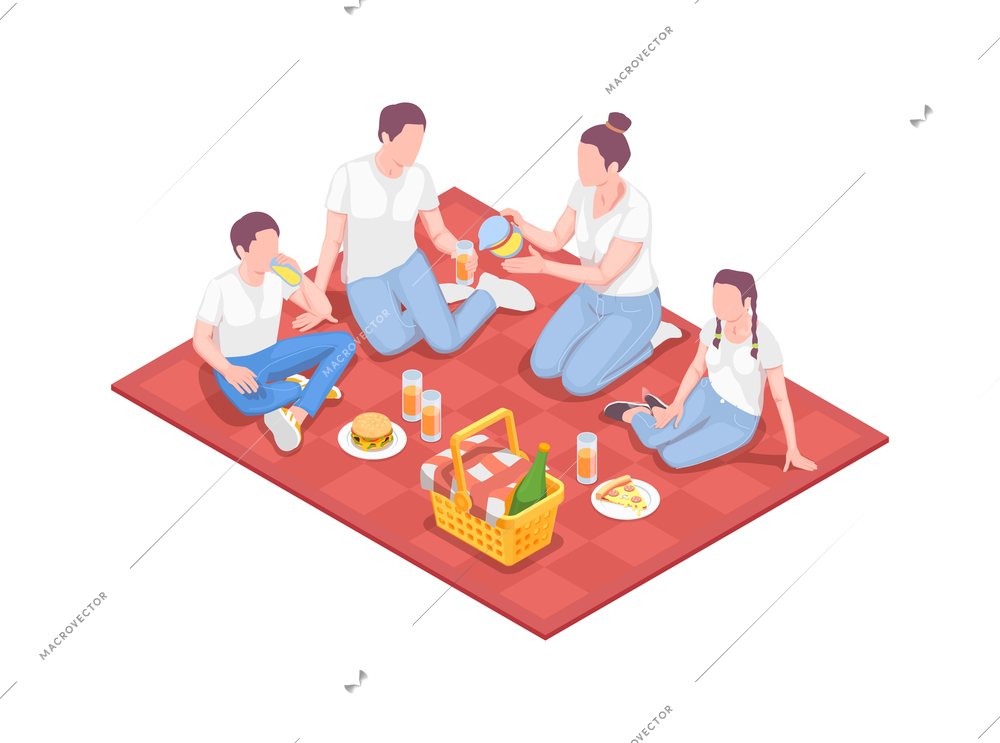 Family holidays isometric composition with characters of family members having basket lunch together on blank background vector illustration