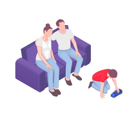 Family holidays isometric composition with characters of happy parents on sofa with son playing with toy car vector illustration