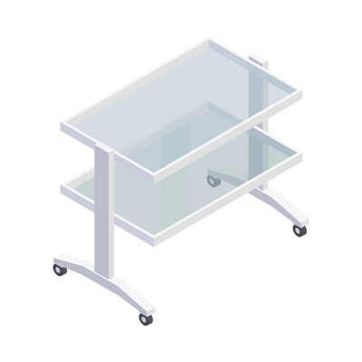 Medical equipment isometric composition with isolated image of wheeled glass table with shelves on blank background vector illustration