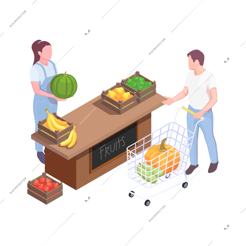 Local farm market isometric composition with view of market stall with woman selling fruits to customer vector illustration