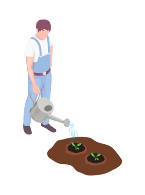 Local farm market isometric composition with isolated character of farmer watering growing plants vector illustration