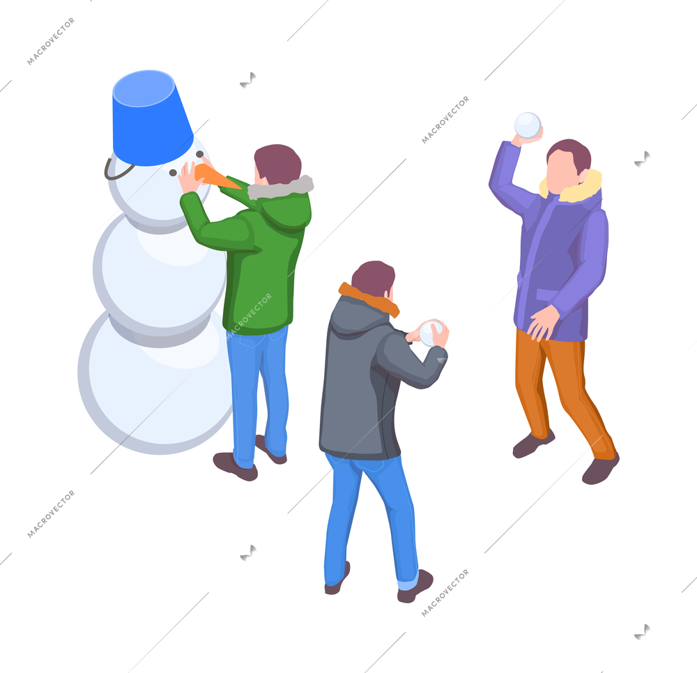 Family holidays isometric composition with human characters of family members playing snowball fight making snowman vector illustration