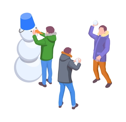 Family holidays isometric composition with human characters of family members playing snowball fight making snowman vector illustration