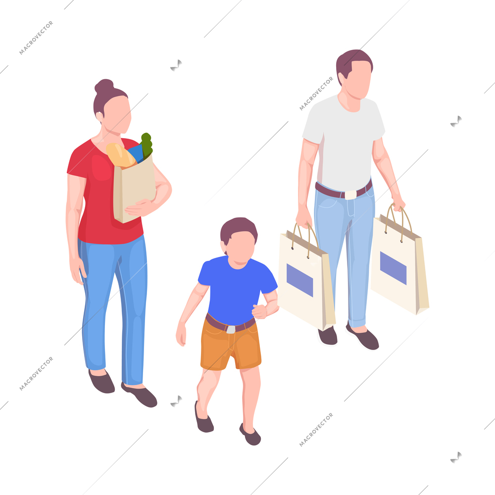 Family holidays isometric composition with human characters of family members carrying lots of shopping bags vector illustration