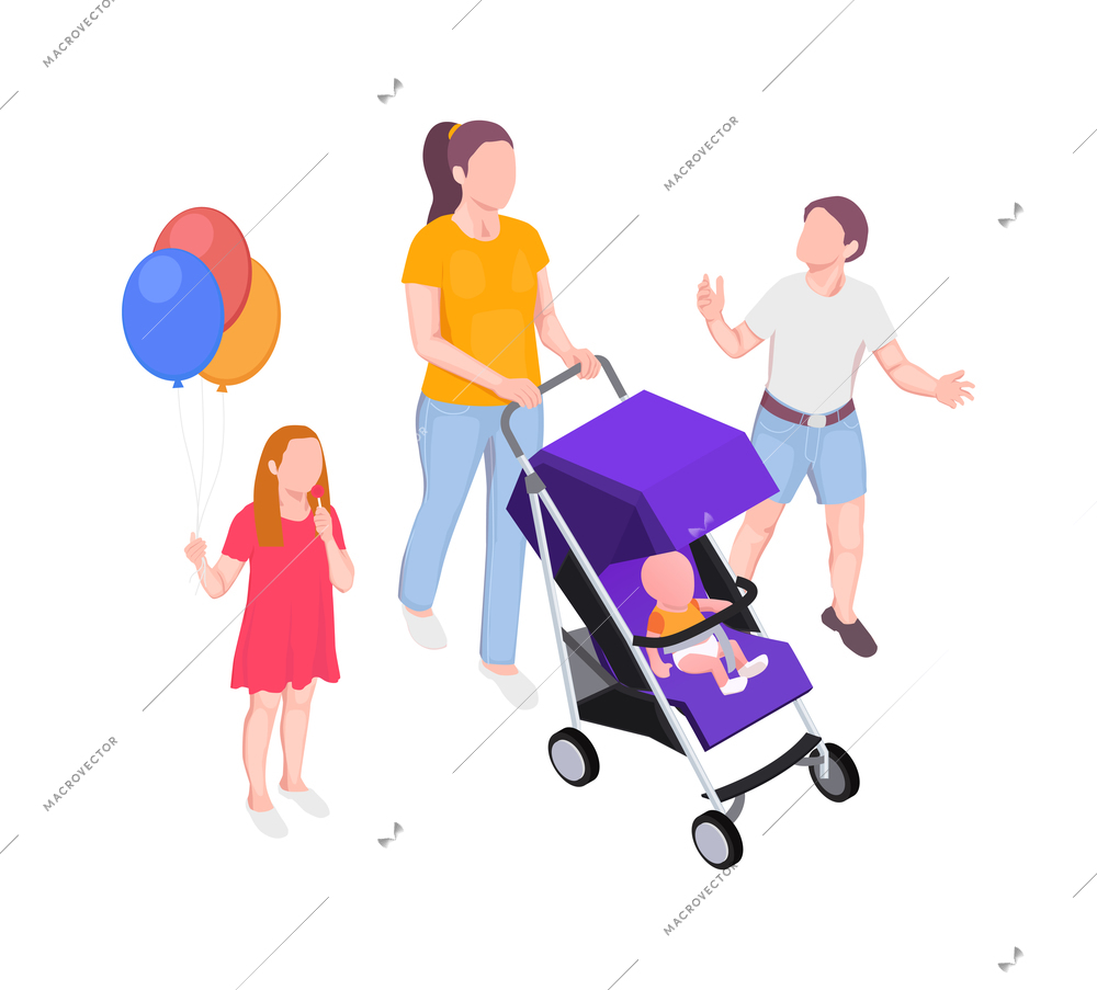 Family holidays isometric composition with characters of mother with baby stroller and kids with balloons vector illustration