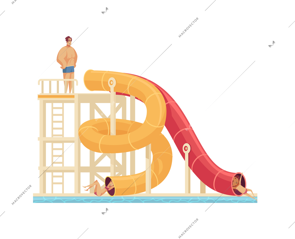 Aqua park visitors enjoying attractions comic cartoon composition with water slide and human characters vector illustration