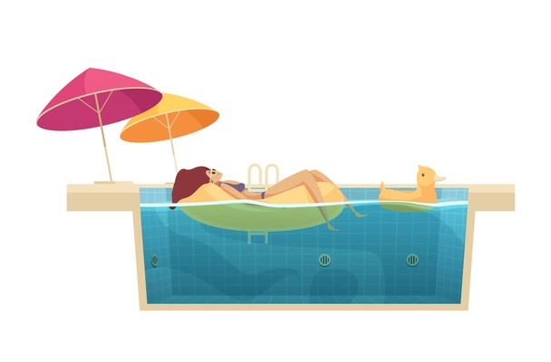 Aqua park female visitor enjoying pool floating comic cartoon composition with umbrellas and rubber duck vector illustration