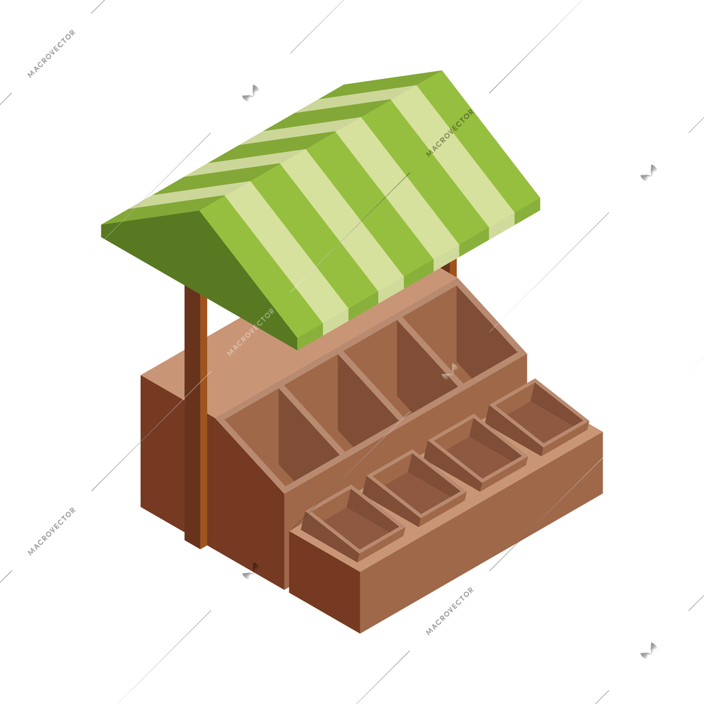 Local farm market isometric composition with isolated image of wooden market stall with empty boxes vector illustration