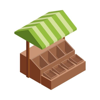 Local farm market isometric composition with isolated image of wooden market stall with empty boxes vector illustration