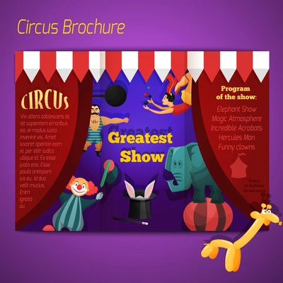 Circus performance show brochure with athlete clown elephant vector illustration.