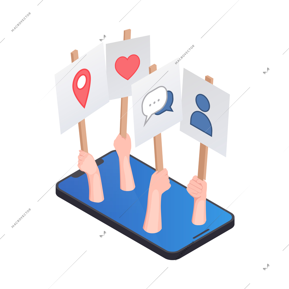 Social network isometric icons composition with image of smartphone and human hands holding placards with reactions vector illustration