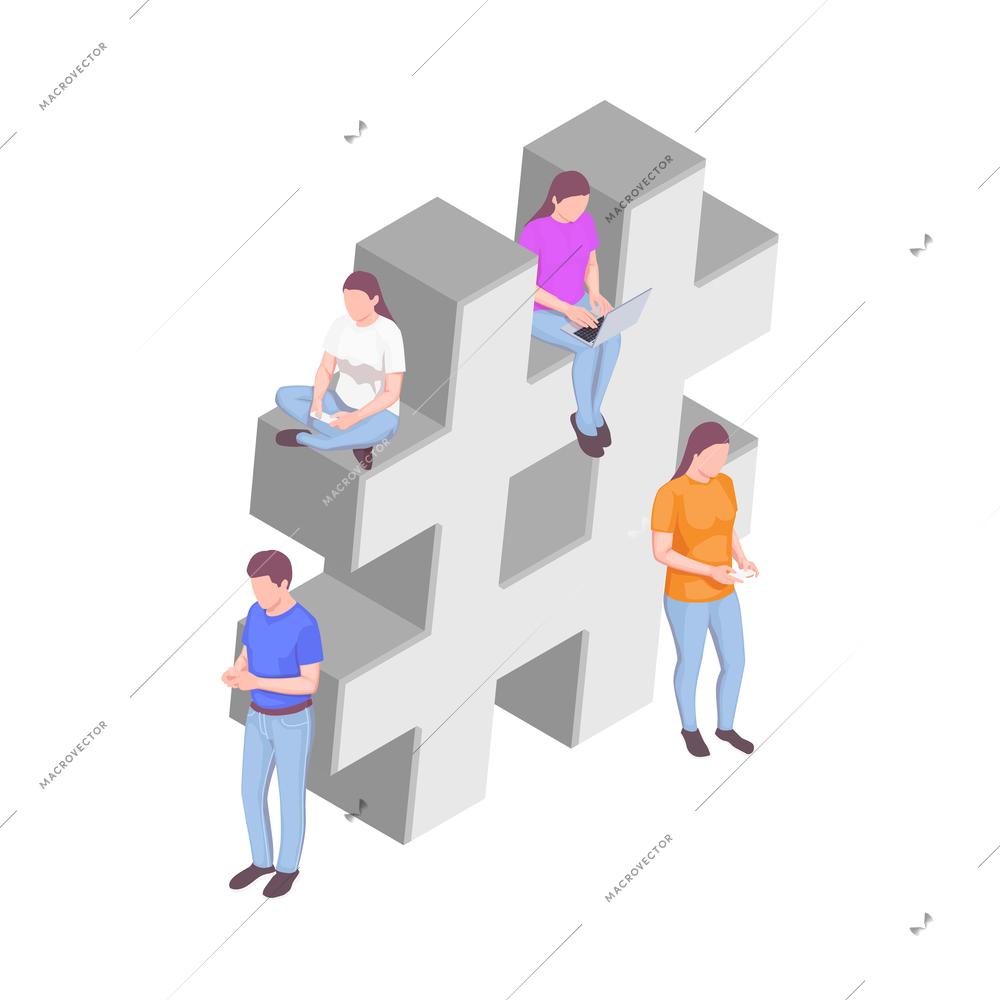 Social network isometric icons composition with image of hashtag with human characters of users with gadgets vector illustration