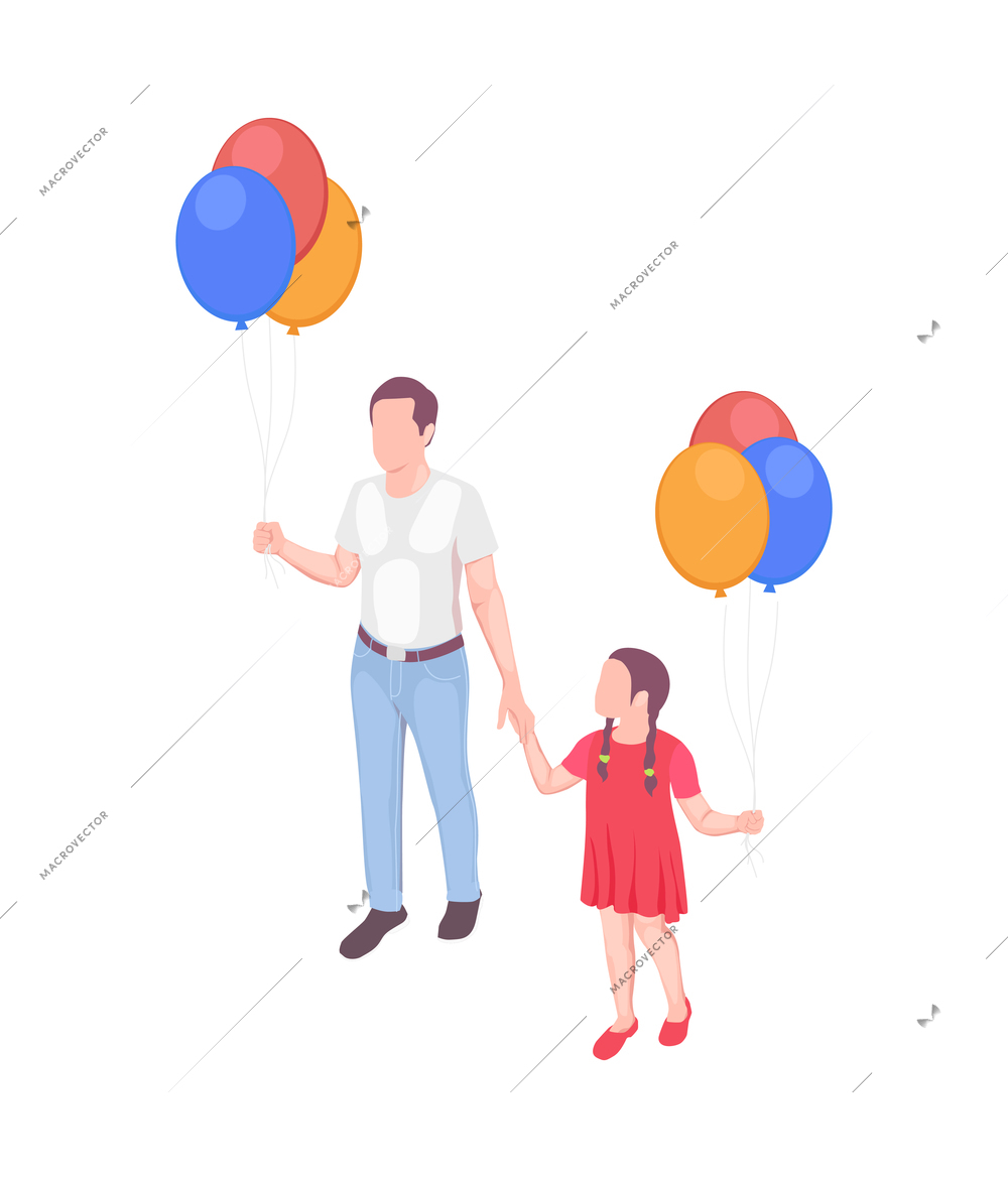 Family holidays isometric composition with characters of father and daughter holding hands with balloons vector illustration