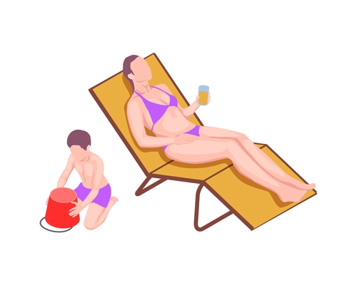 Family holidays isometric composition with character of mother on lounge chair with son playing with sand vector illustration