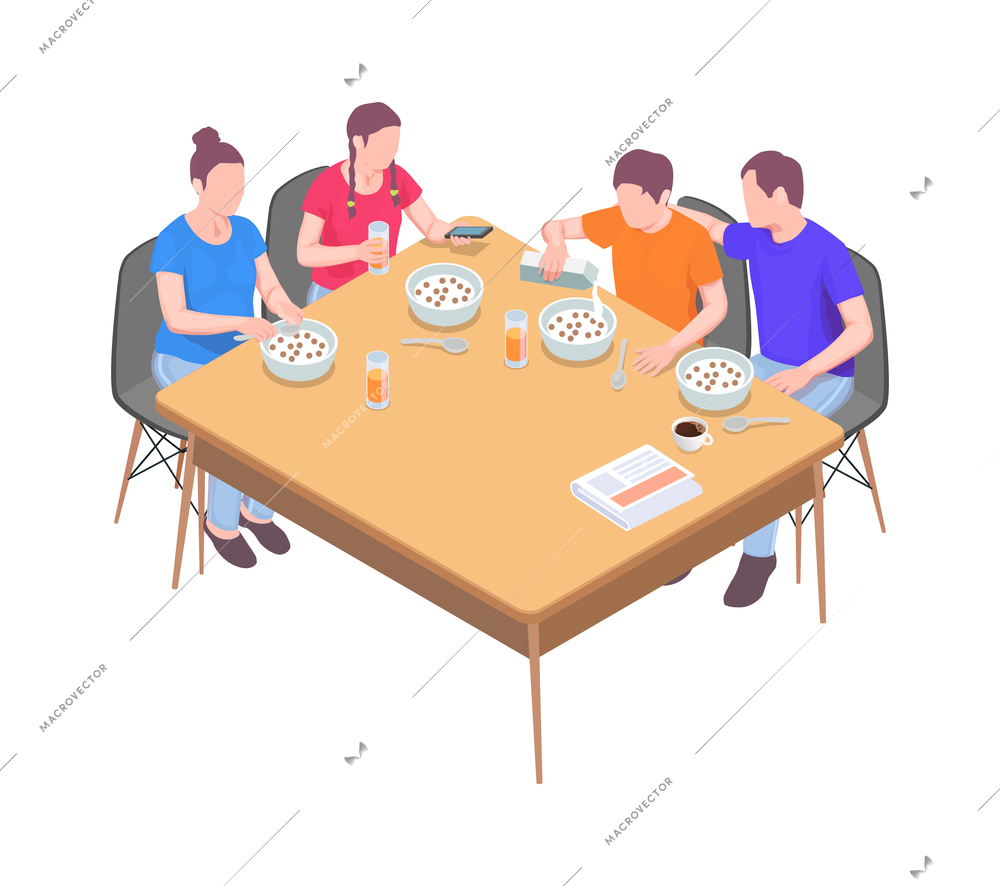 Family holidays isometric composition with characters of family members having lunch together at table on blank background vector illustration