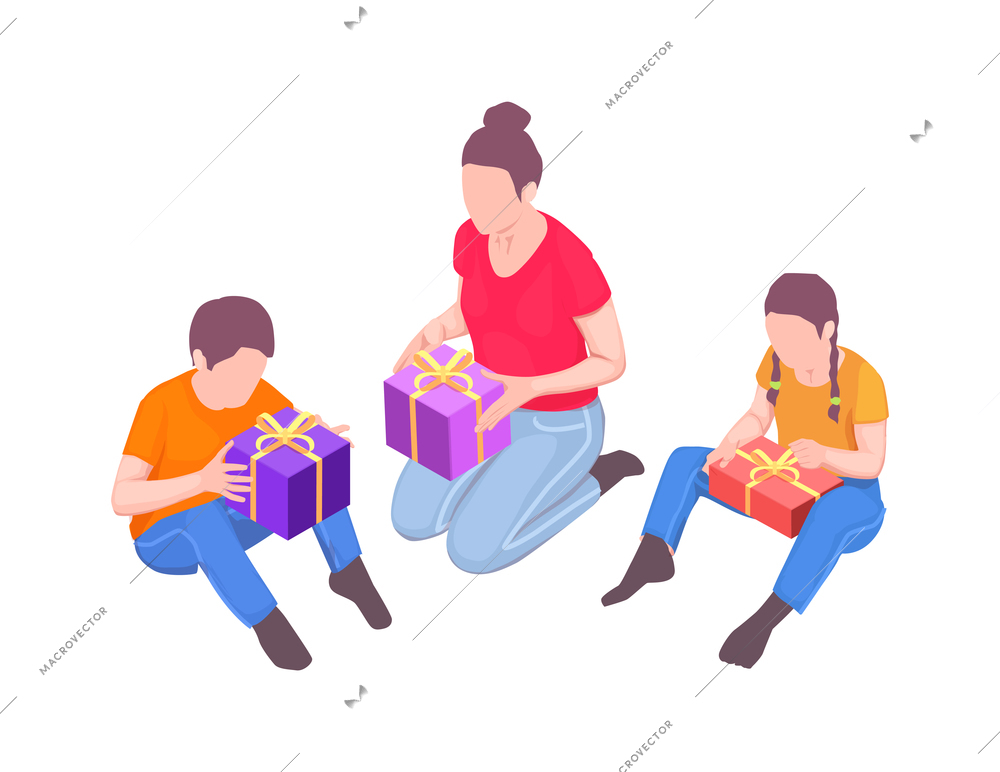 Family holidays isometric composition with characters of family members unboxing gift packages on blank background vector illustration