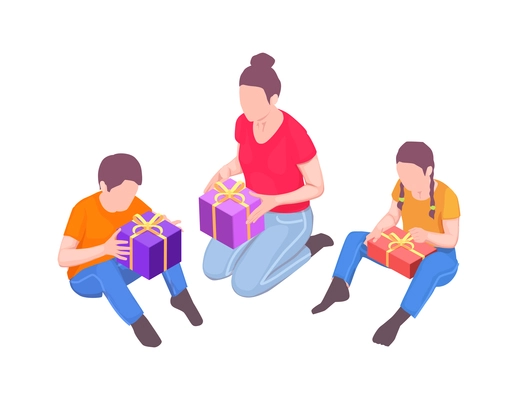 Family holidays isometric composition with characters of family members unboxing gift packages on blank background vector illustration