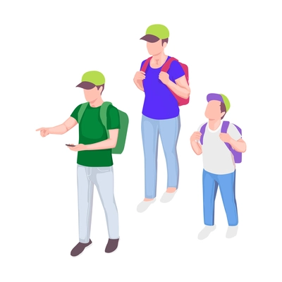 Family holidays isometric composition with characters of family members with backpacks wearing caps on blank background vector illustration