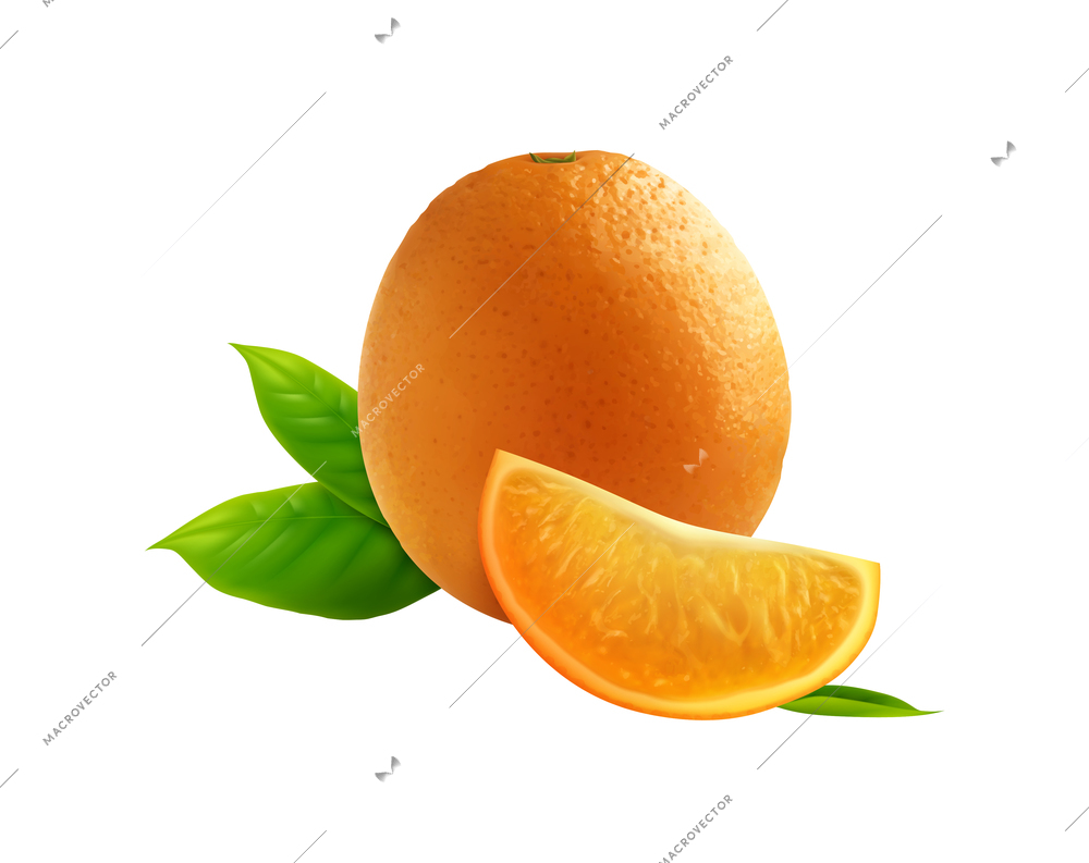 Orange juice splashes composition with isolated image of whole ripe fruit with slice and leaves vector illustration