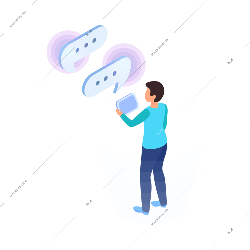 Virtual augmented information isometric composition with man holding tablet and holographic chat bubbles vector illustration