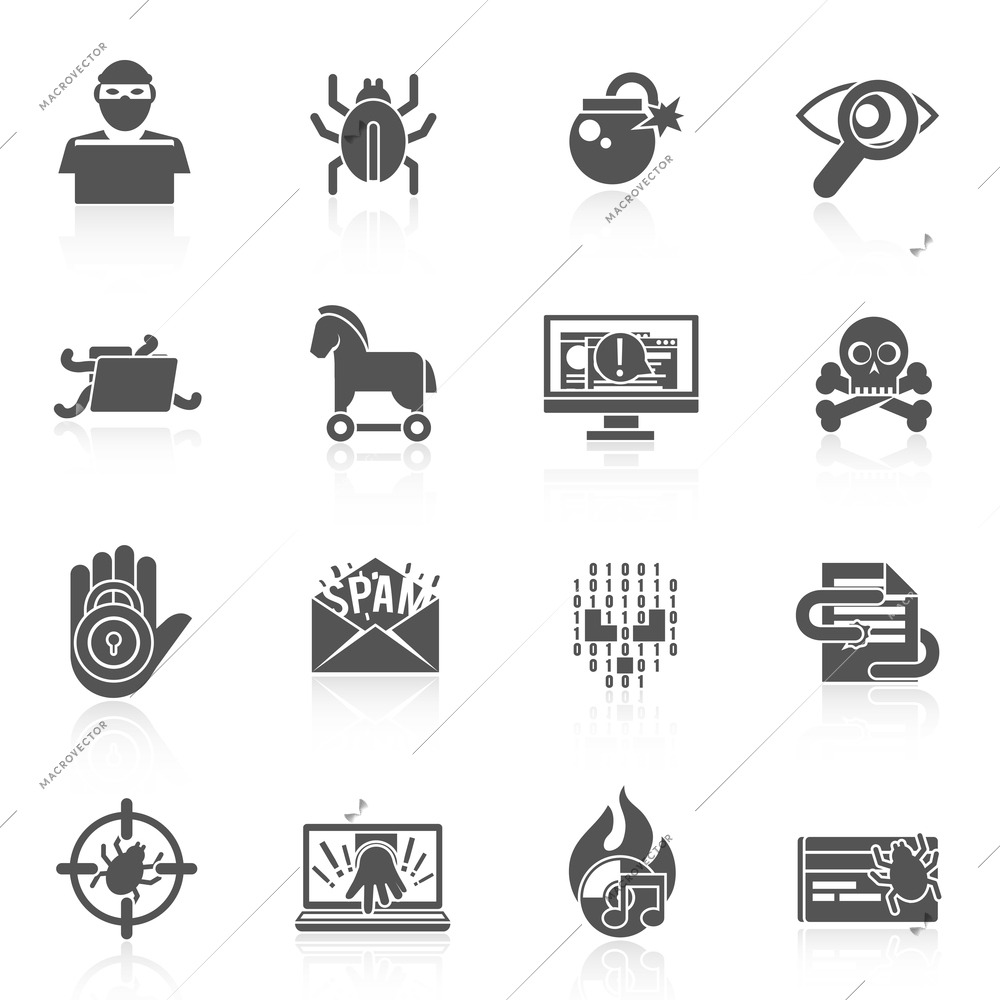 Hacker black icons set with bug virus crack worm spam isolated vector illustration